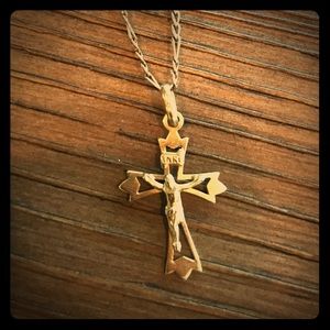 PERFECT COND. 14k Gold Crucifix w. Figaro Chain